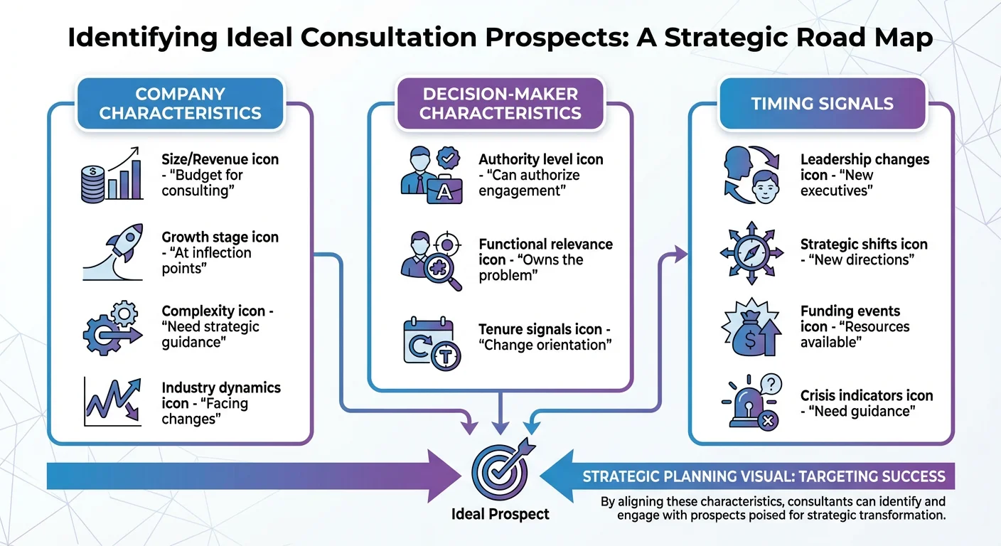 Infographic showing how to identify ideal consultation prospects: company characteristics, decision-maker characteristics, and timing signals