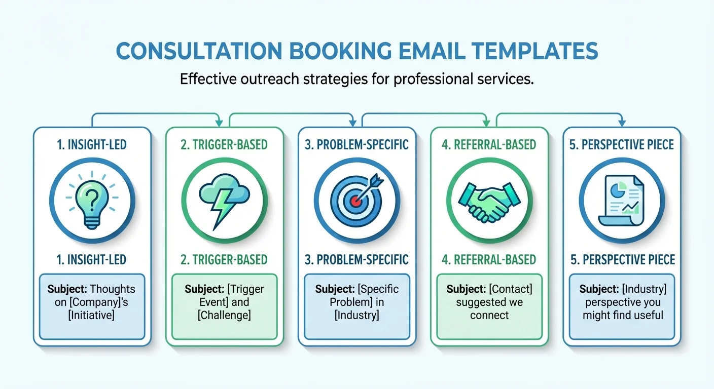 Visual showing 5 consultation booking email templates: insight-led, trigger-based, problem-specific, referral-based, and perspective piece templates