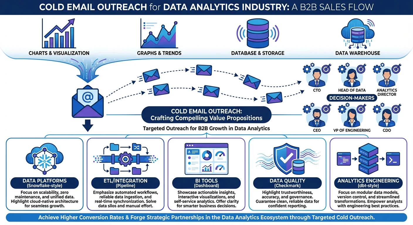 Cold email outreach funnel for data analytics industry showing vendors connecting with data platforms, ETL providers, BI tools, and data quality solutions