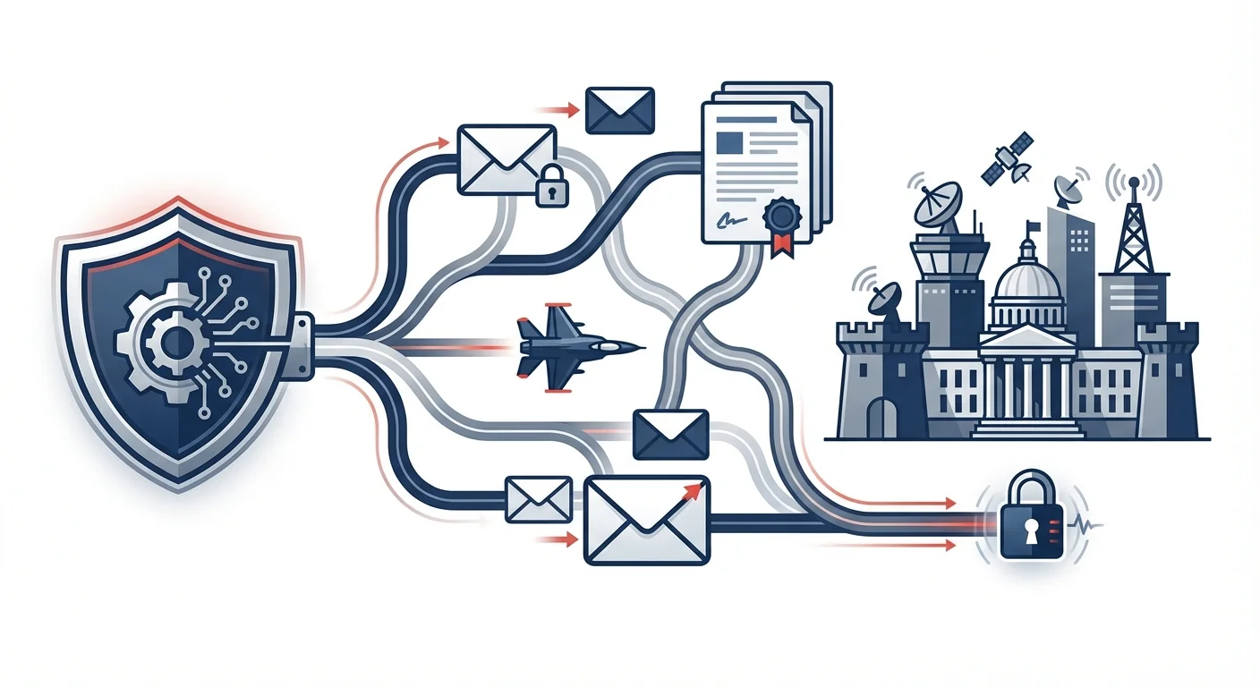 Cold email outreach strategy for defense industry showing email flow to government and contractor decision-makers