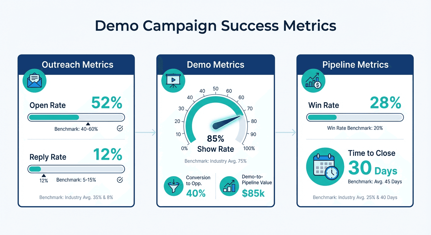 Demo campaign metrics dashboard showing outreach metrics, demo metrics, and pipeline metrics with benchmarks