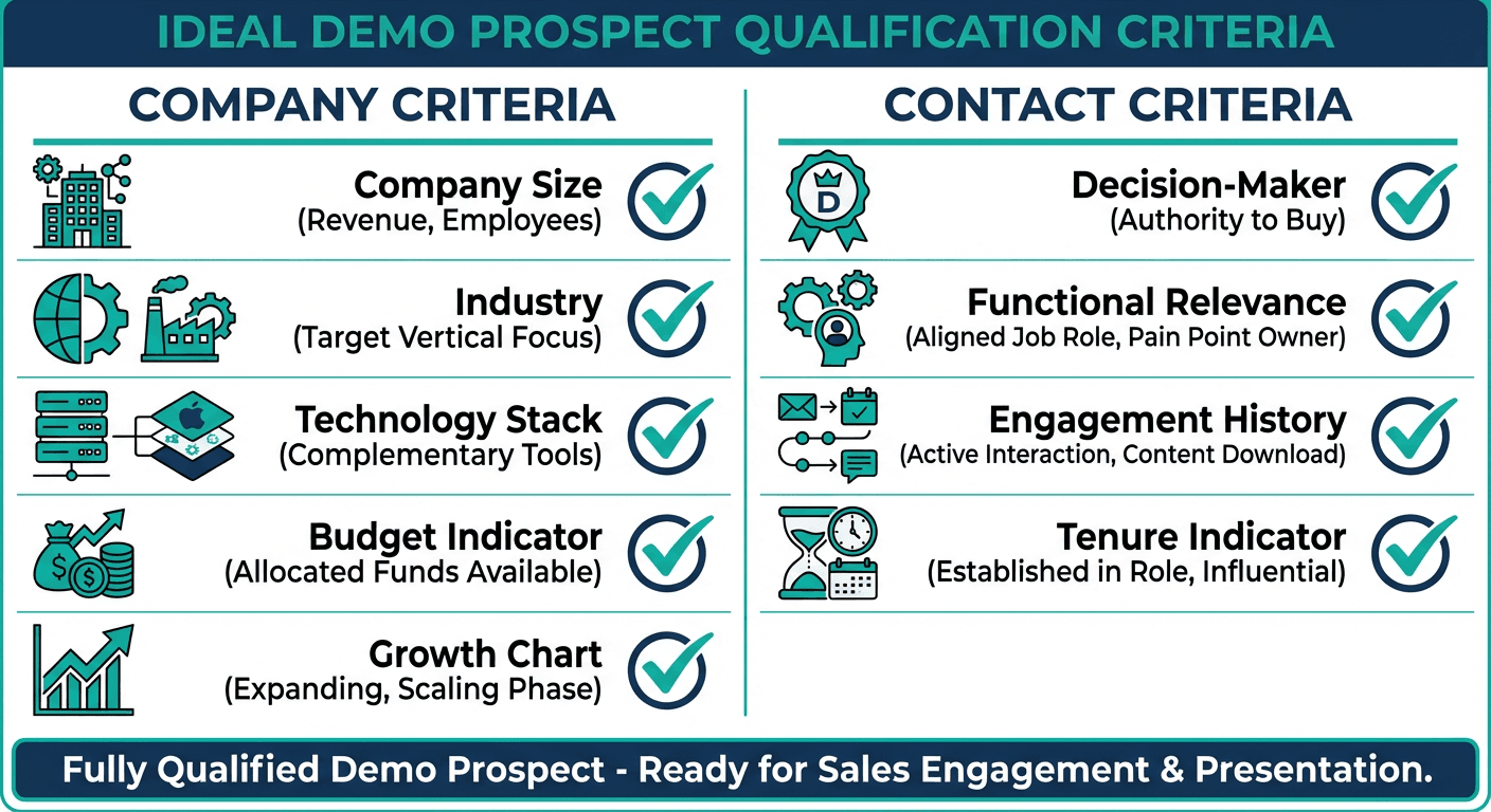 Demo prospect qualification criteria showing company criteria and contact criteria with checkmarks