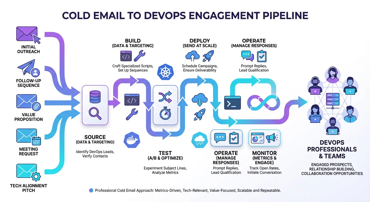 Cold email outreach strategy for DevOps companies showing email flow through CI/CD pipeline to tech decision-makers