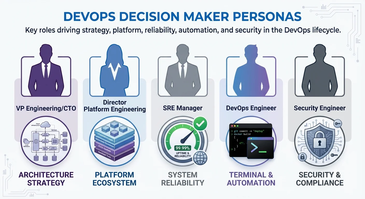 DevOps decision maker personas including VP Engineering, Platform Engineering Director, SRE Manager, and DevOps Engineer