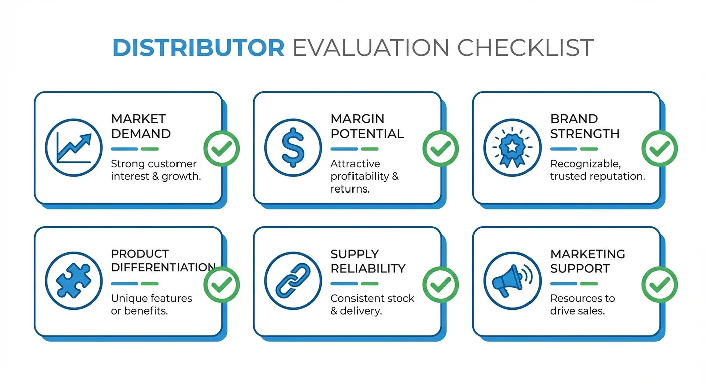 Distributor evaluation criteria: Market Demand, Margin Potential, Brand Strength, Product Differentiation, Supply Reliability, Marketing Support