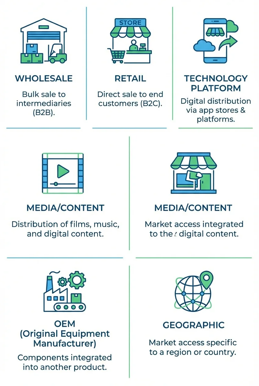Six types of distribution deals: Wholesale, Retail, Technology Platform, Media/Content, OEM, and Geographic