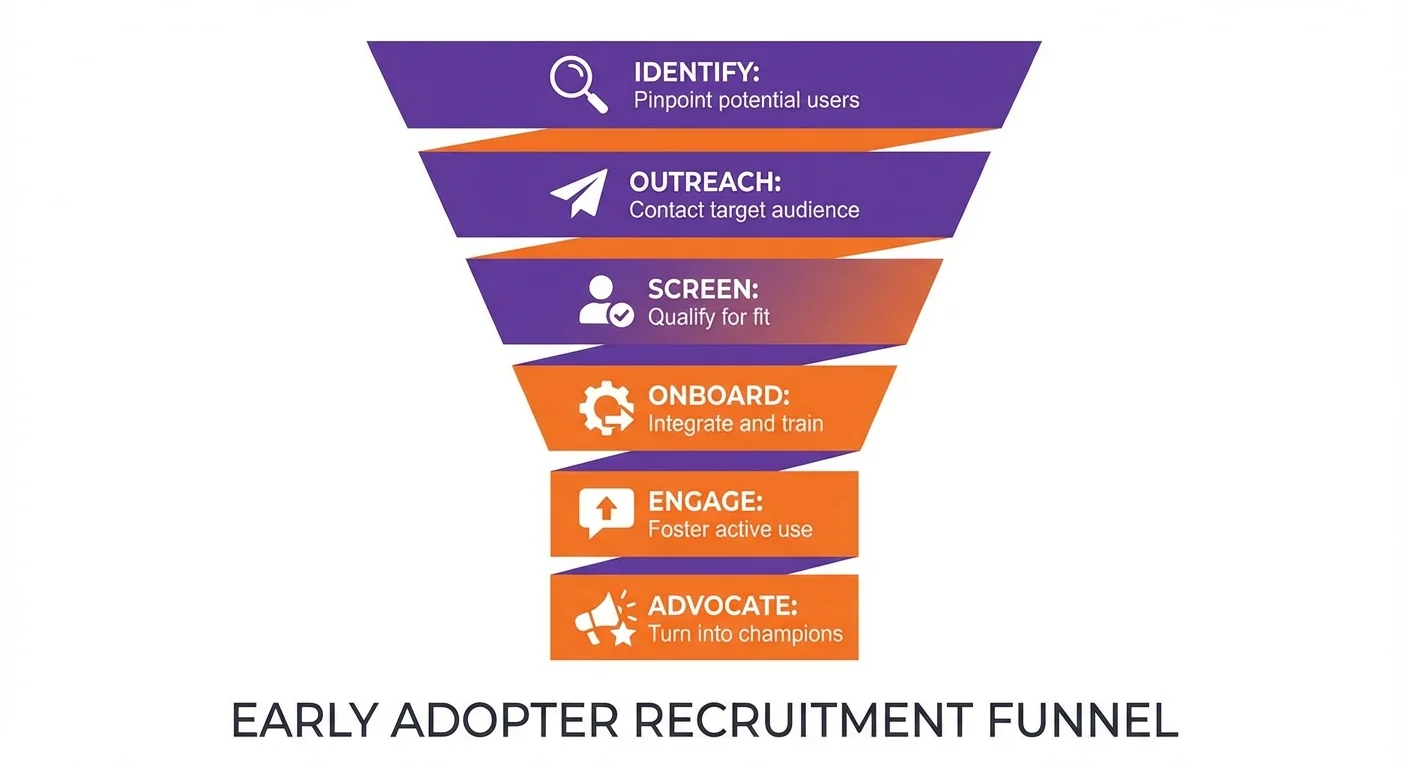 Early adopter recruitment funnel: Identify, Outreach, Screen, Onboard, Engage, Advocate