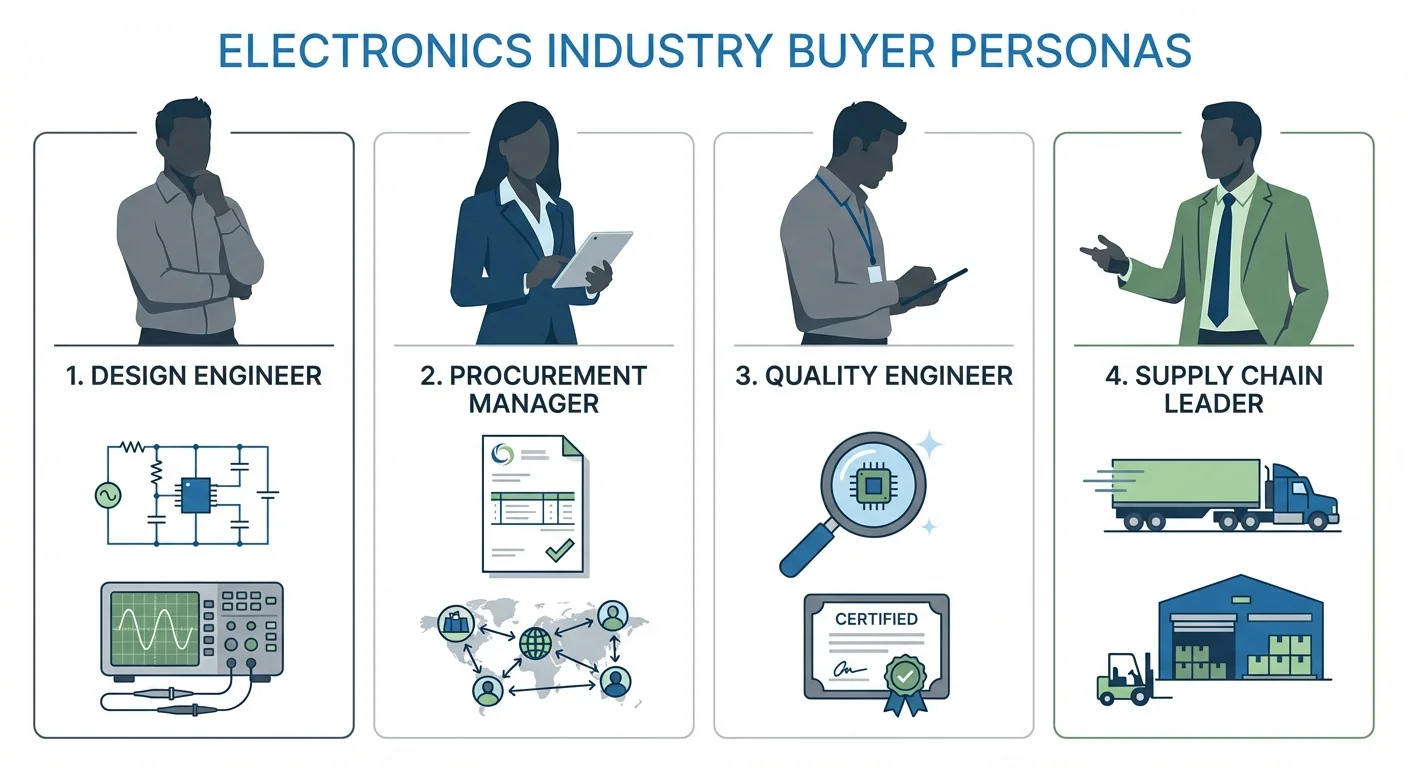 Electronics industry buyer personas including design engineers, procurement managers, quality engineers, and supply chain leaders