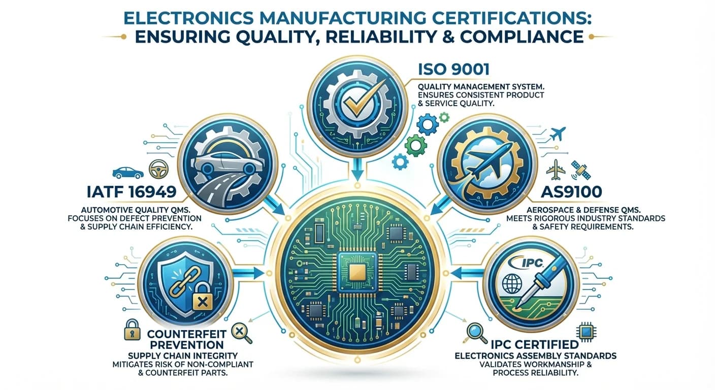 Electronics manufacturing certifications including ISO 9001, IATF 16949, AS9100, and IPC standards