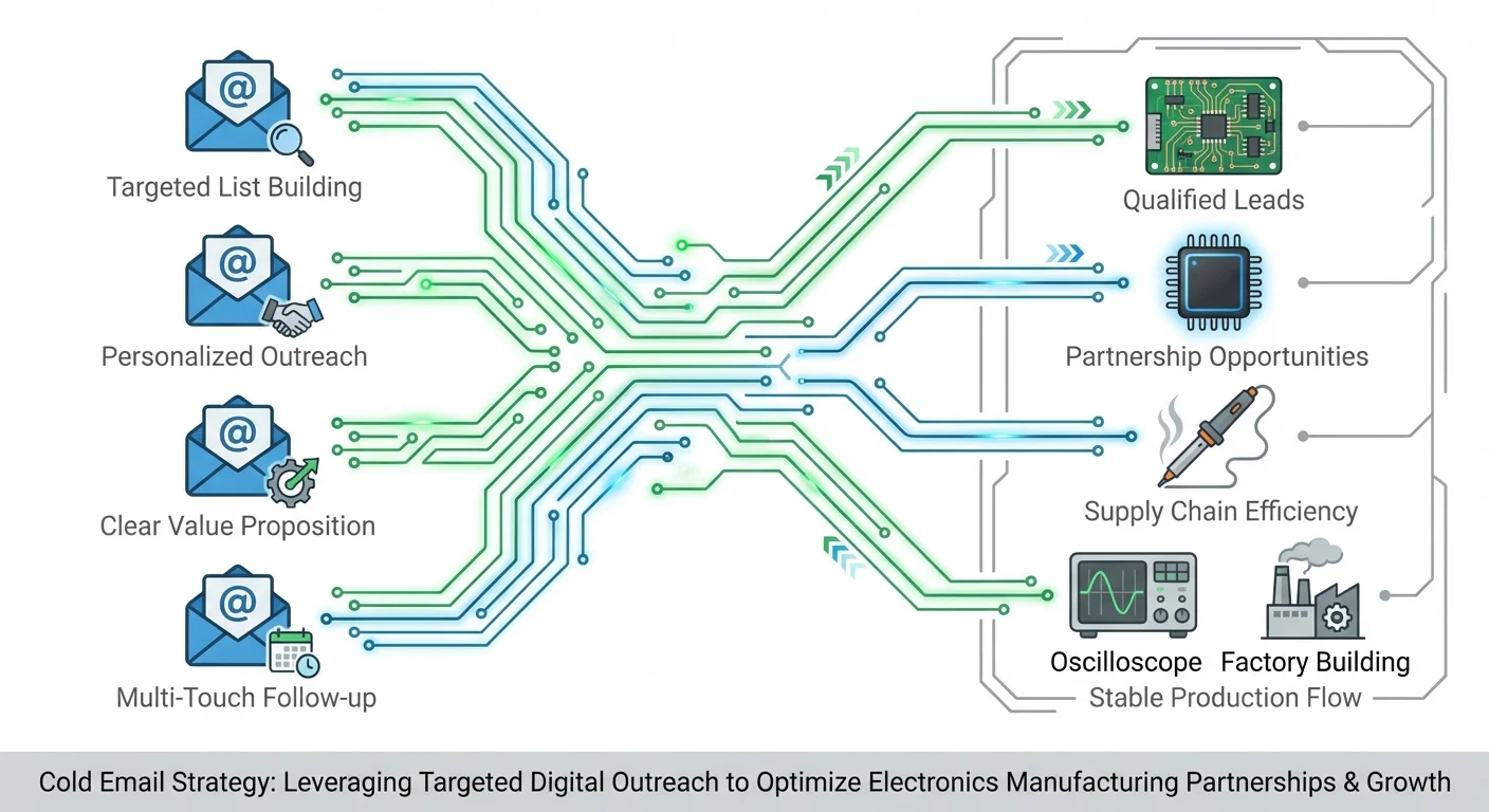 Cold email outreach strategy for electronics companies showing email connecting to PCB and manufacturing icons