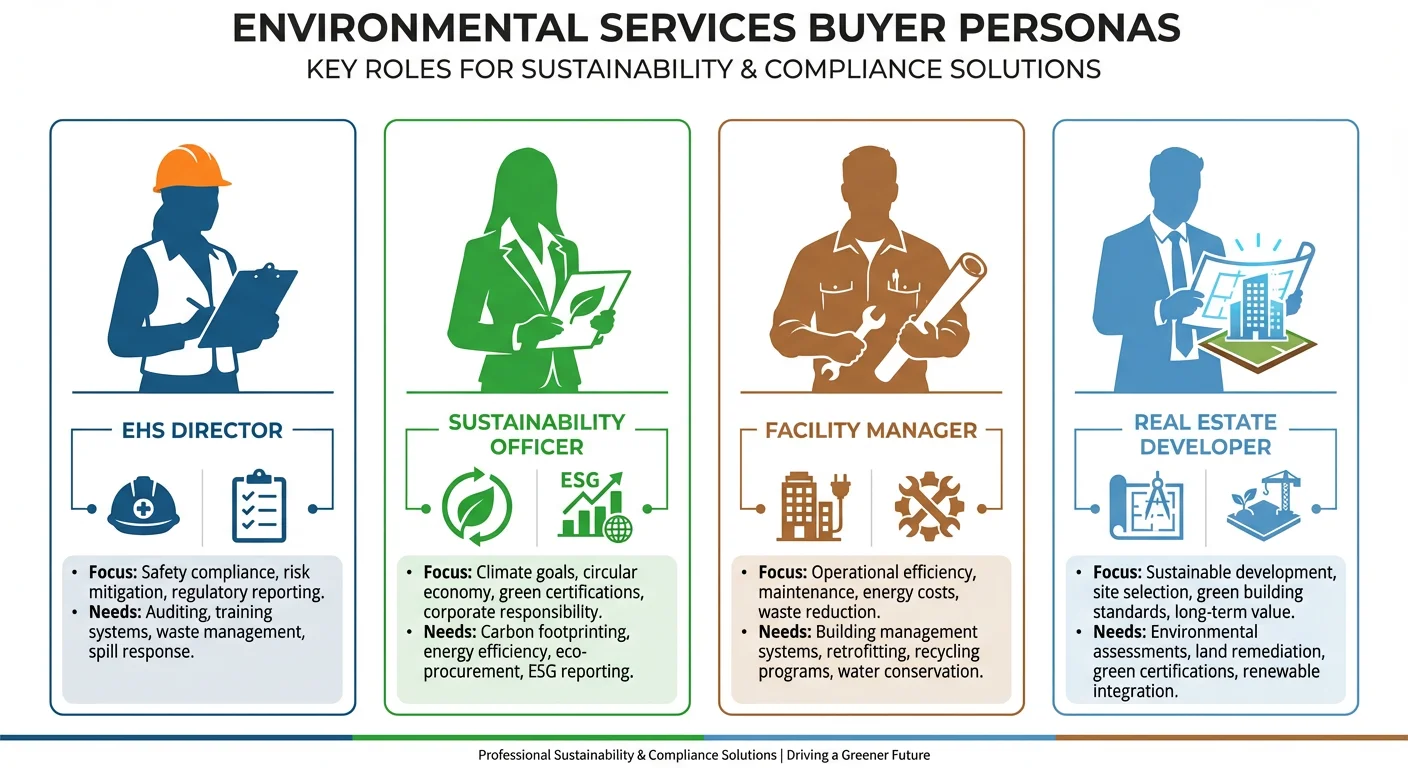 Environmental services buyer personas including EHS directors, sustainability officers, facility managers, and real estate developers