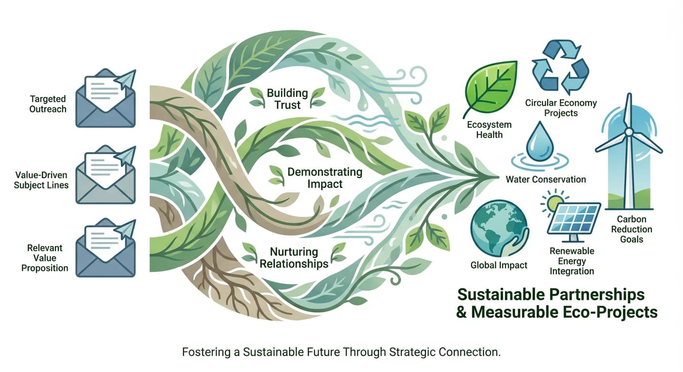 Cold email outreach strategy for environmental services showing email flow to sustainability and compliance icons