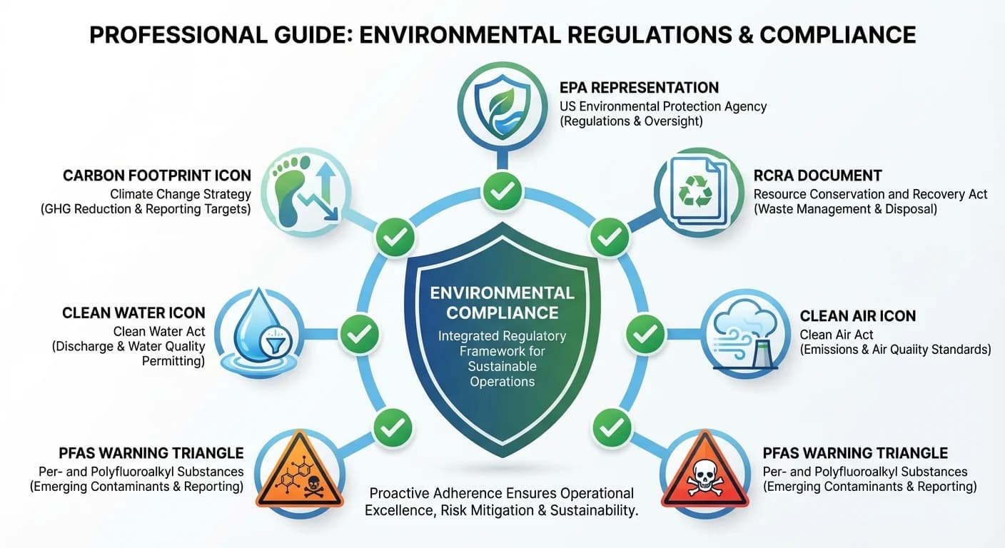 Environmental regulations and compliance icons including EPA, RCRA, Clean Air, Clean Water, and PFAS