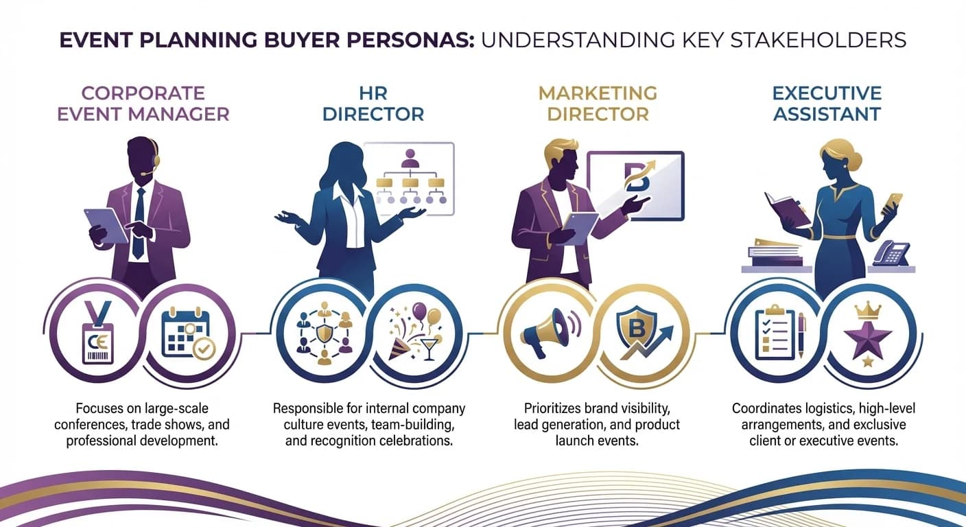 Event planning buyer personas including corporate event managers, HR directors, marketing directors, and executive assistants
