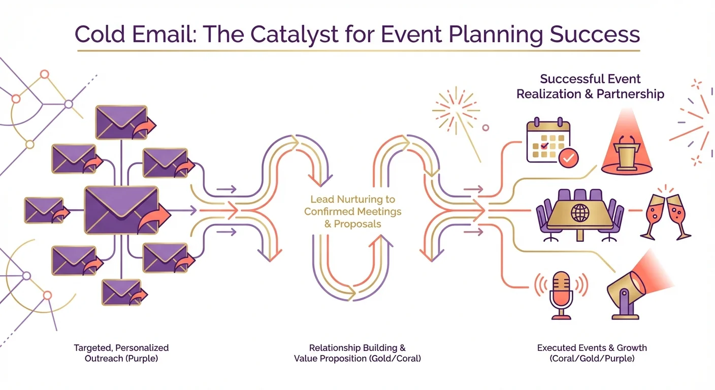 Cold email outreach strategy for event planning showing email flow to event and celebration icons