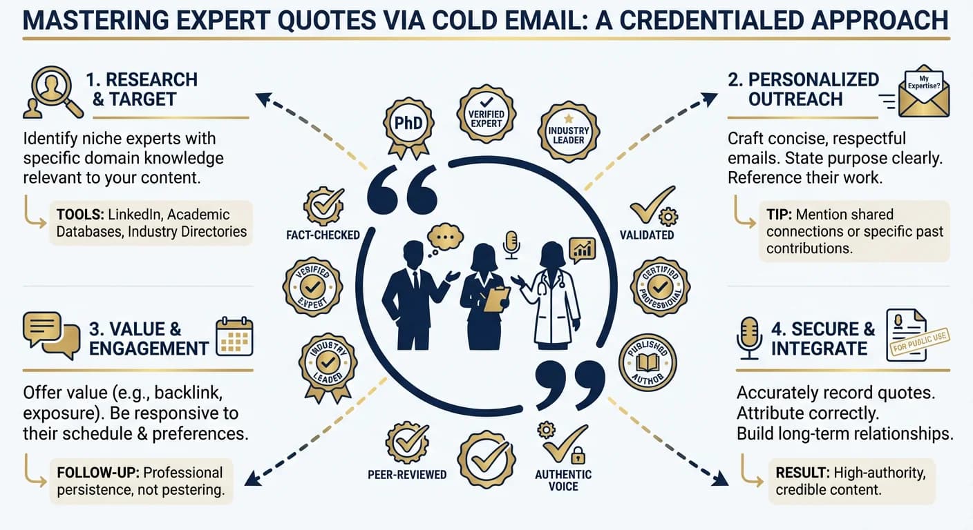 Infographic showing expert quote collection with quotation mark, professional silhouettes, and credential badges