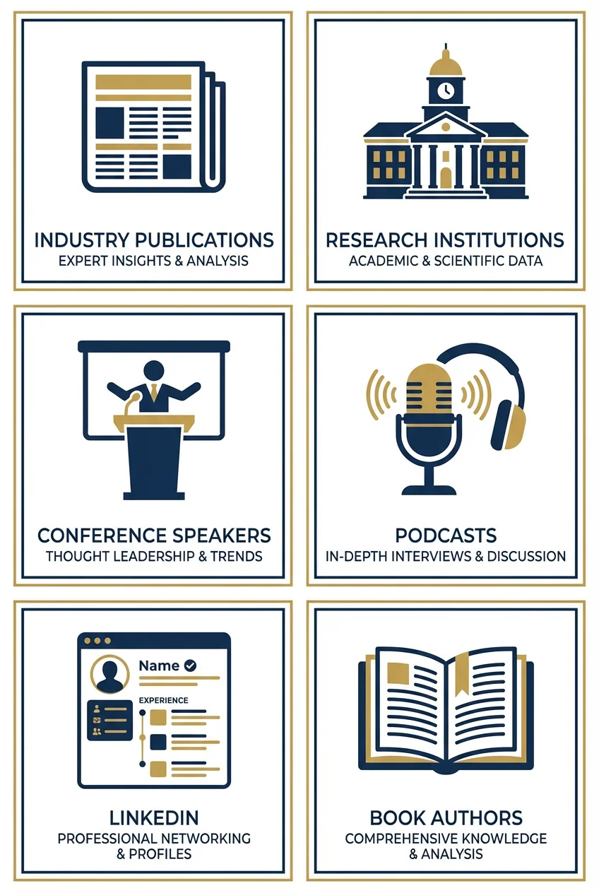 Expert sources: Industry Publications, Research Institutions, Conference Speakers, Podcasts, LinkedIn, Book Authors