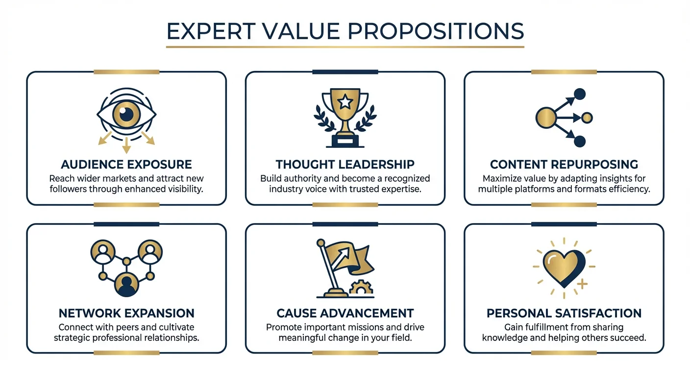 Value propositions for experts: Audience Exposure, Thought Leadership, Content Repurposing, Network Expansion, Cause Advancement, Personal Satisfaction