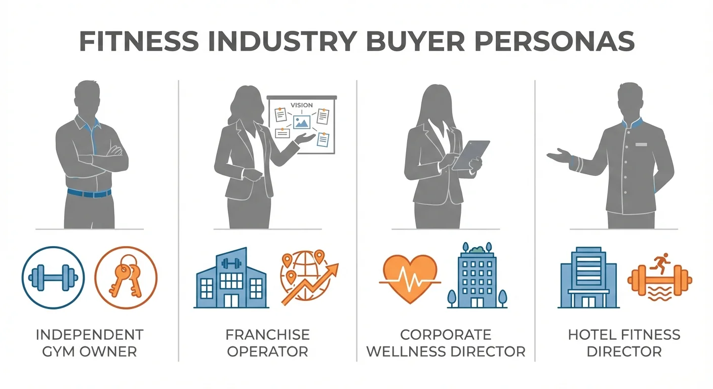 Fitness industry buyer personas including independent gym owners, franchise operators, corporate wellness directors, and hotel fitness directors