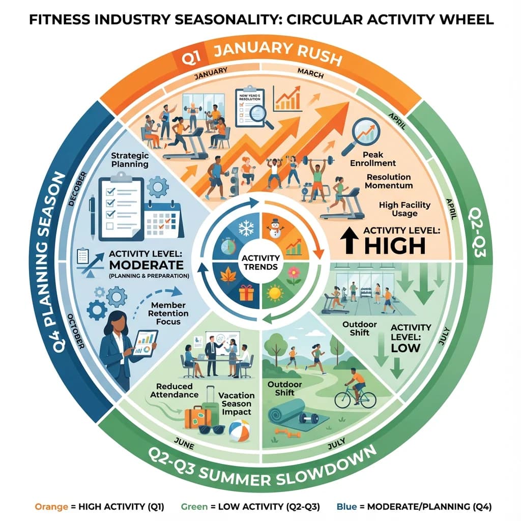 Fitness industry seasonality showing Q1 January rush, Q2-Q3 summer slowdown, and Q4 planning season