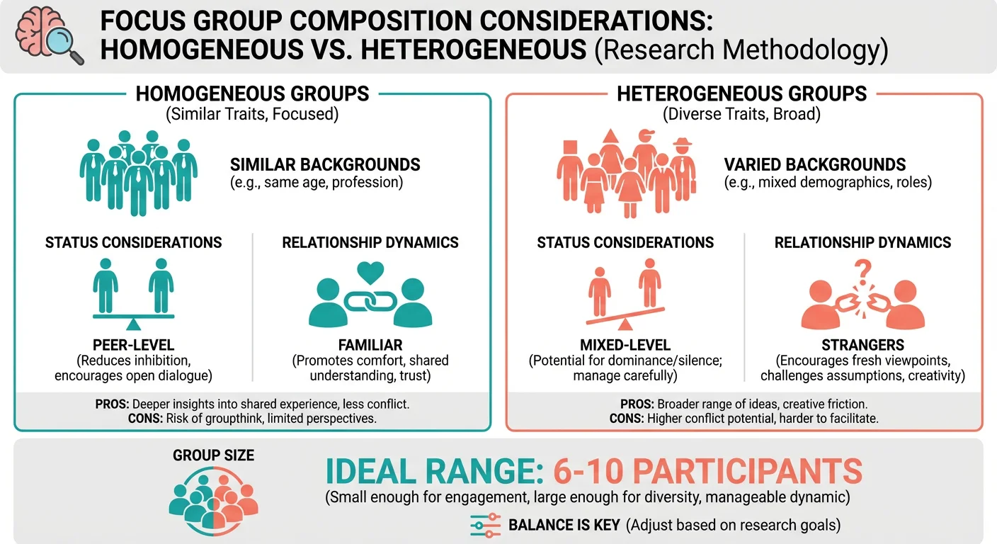 Focus group composition: Homogeneous vs Heterogeneous groups, Status Considerations, Relationship Dynamics, Group Size