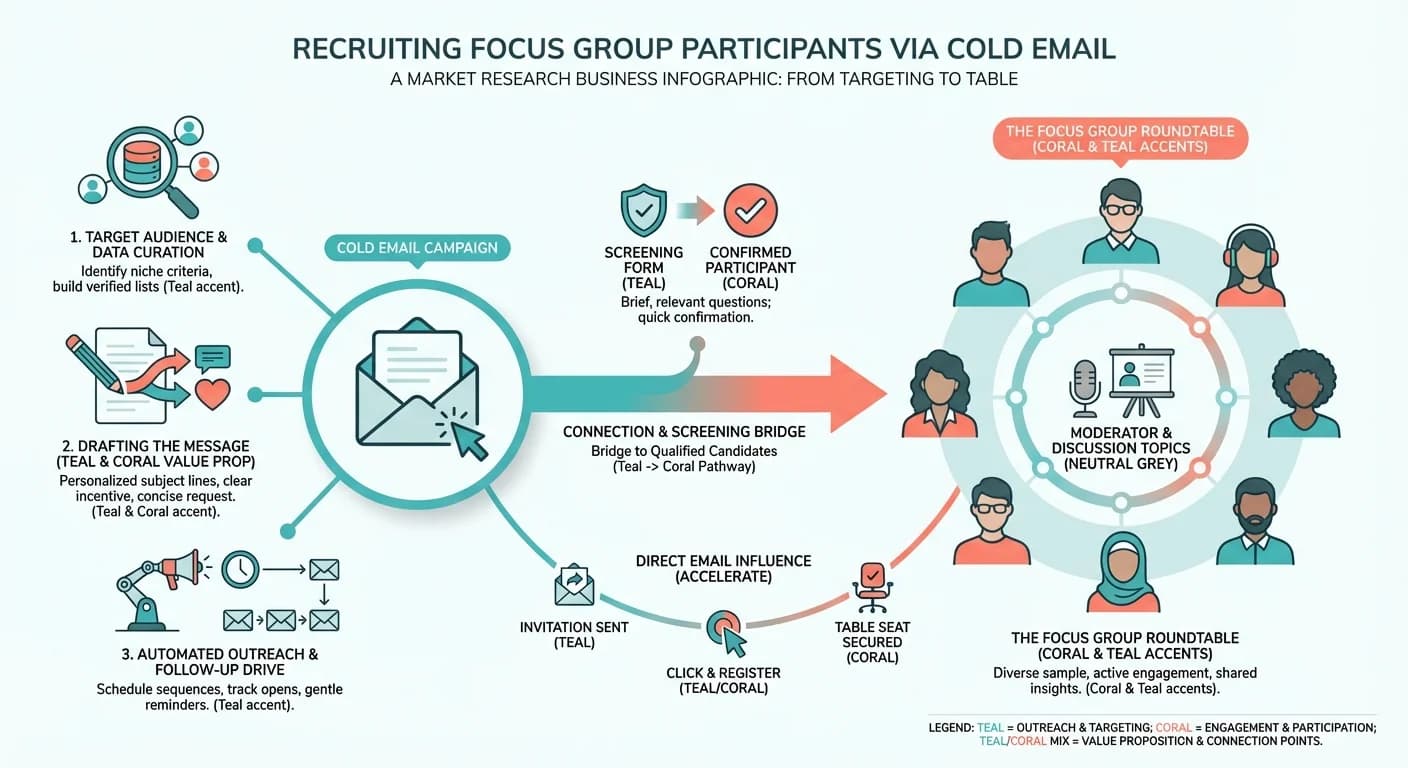 Infographic showing focus group recruitment with circular table, diverse participant icons, and email connection