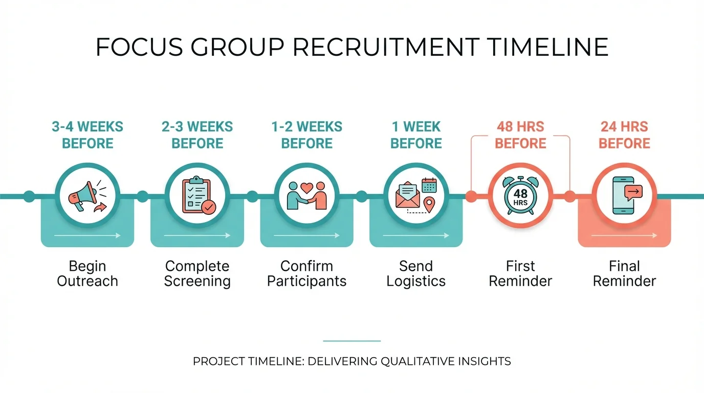 Focus group project timeline counting down to the session: begin outreach 3-4 weeks before, complete screening 2-3 weeks before, confirm participants 1-2 weeks before, send logistics 1 week before, then attendance reminders to confirmed participants at 48 and 24 hours