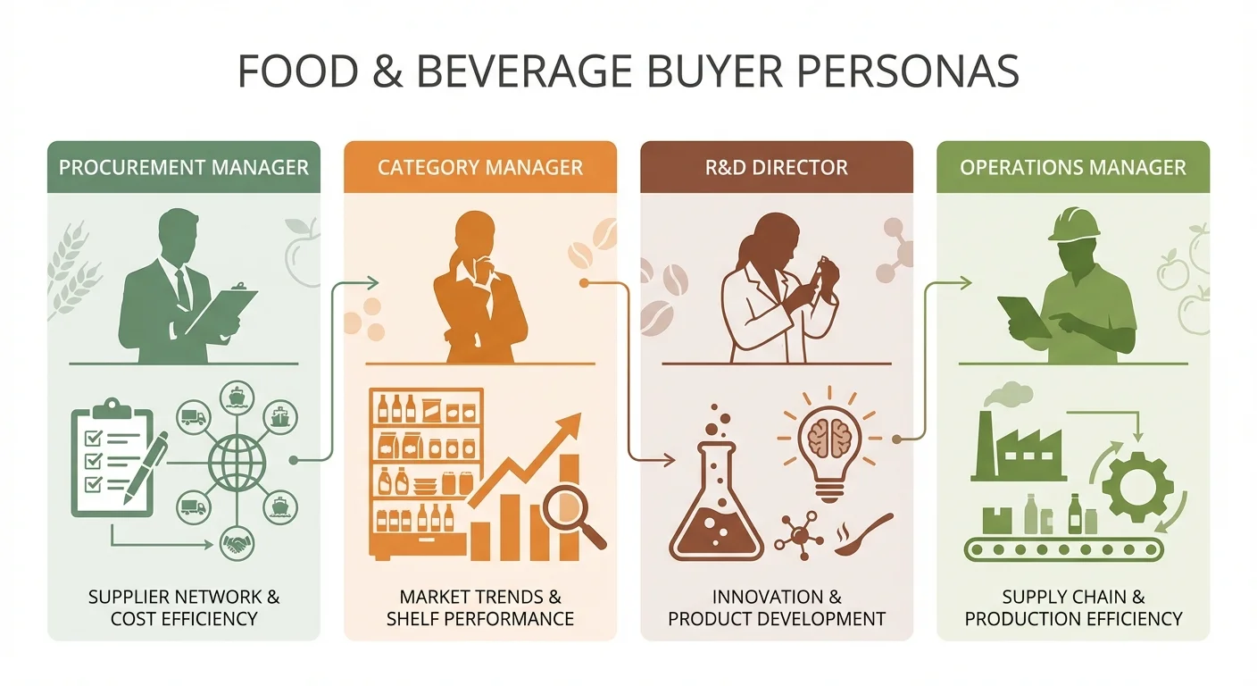 Food and beverage buyer personas including procurement managers, category managers, R&D directors, and operations managers