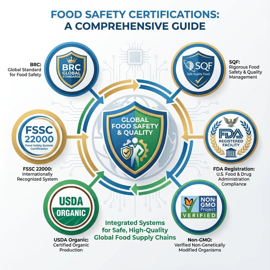Food safety certifications including SQF, BRC, FSSC 22000, USDA Organic, Non-GMO, and FDA registration