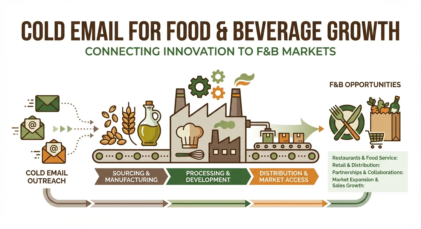 Cold email outreach strategy for food and beverage industry showing email flow to food production icons