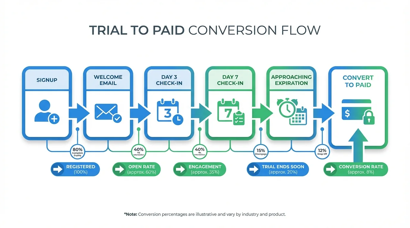 Post-signup trial onboarding for a user who opted in: signup, welcome email, day 3 and day 7 check-ins, approaching expiration, then conversion to paid, with indicative drop-off at each stage