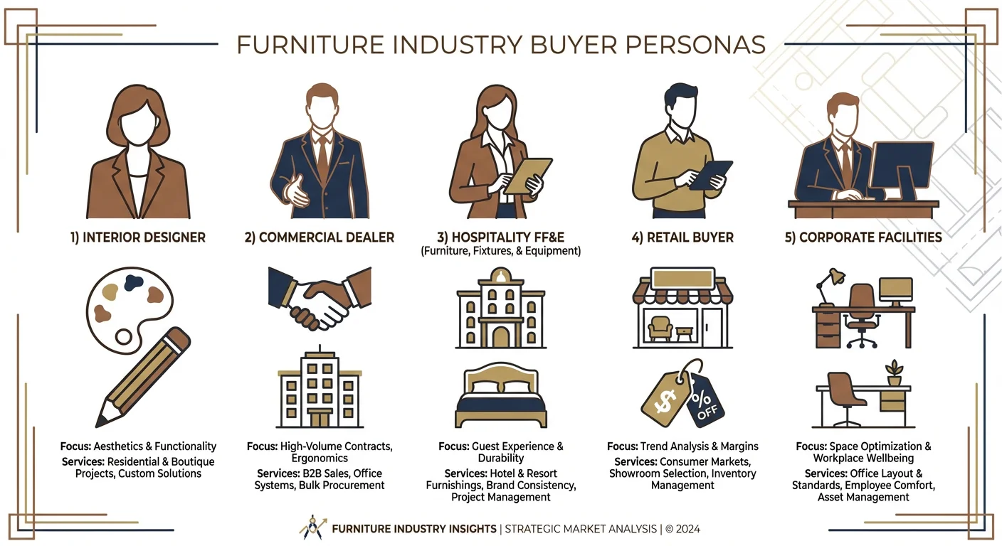 Furniture industry buyer personas including interior designers, commercial dealers, hospitality FF&E, retail buyers, and corporate facilities