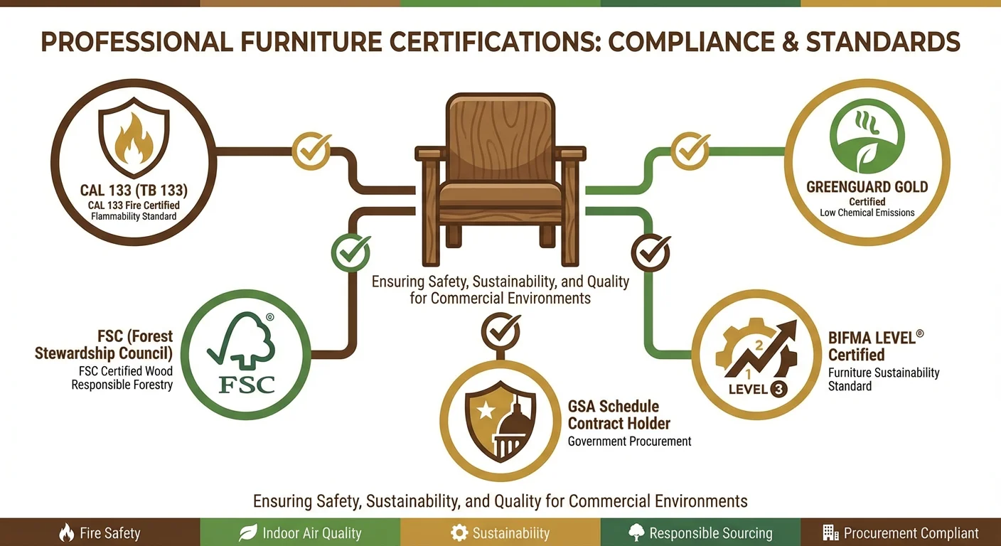 Furniture certifications including CAL 133, Greenguard Gold, BIFMA LEVEL, FSC, and GSA Schedule