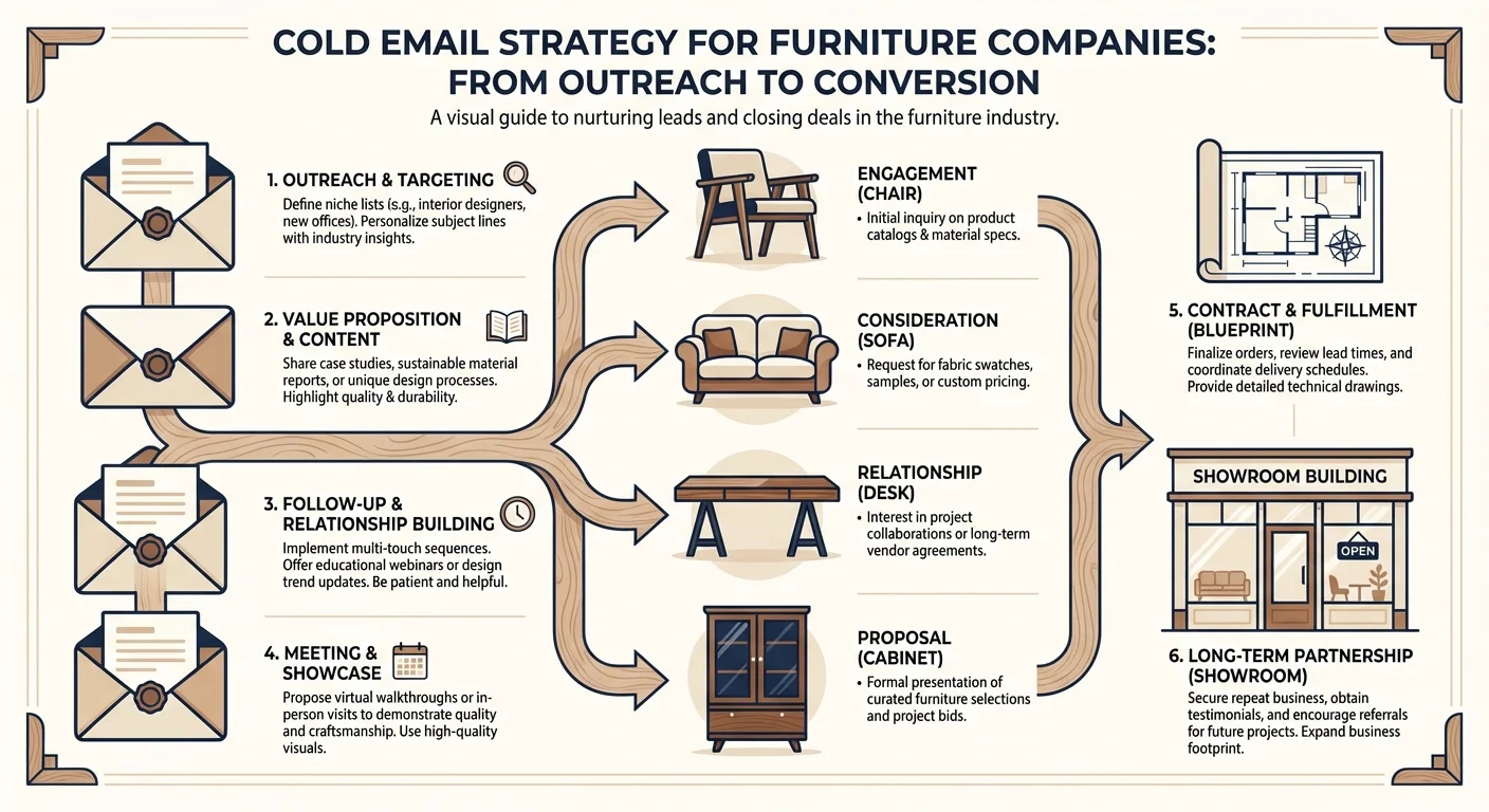 Cold email outreach strategy for furniture companies showing email flow to furniture design icons