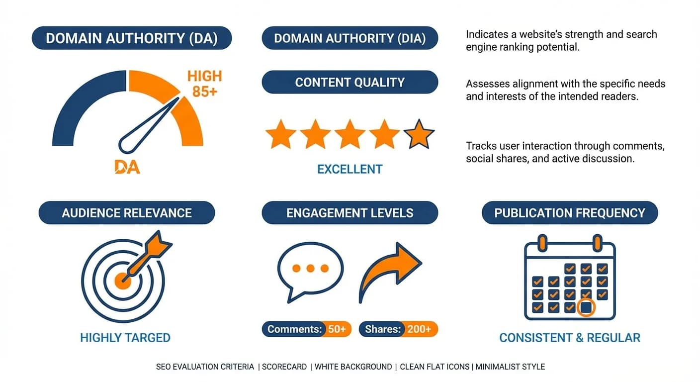 Publication evaluation criteria: Domain Authority, Audience Relevance, Content Quality, Engagement Levels, Publication Frequency