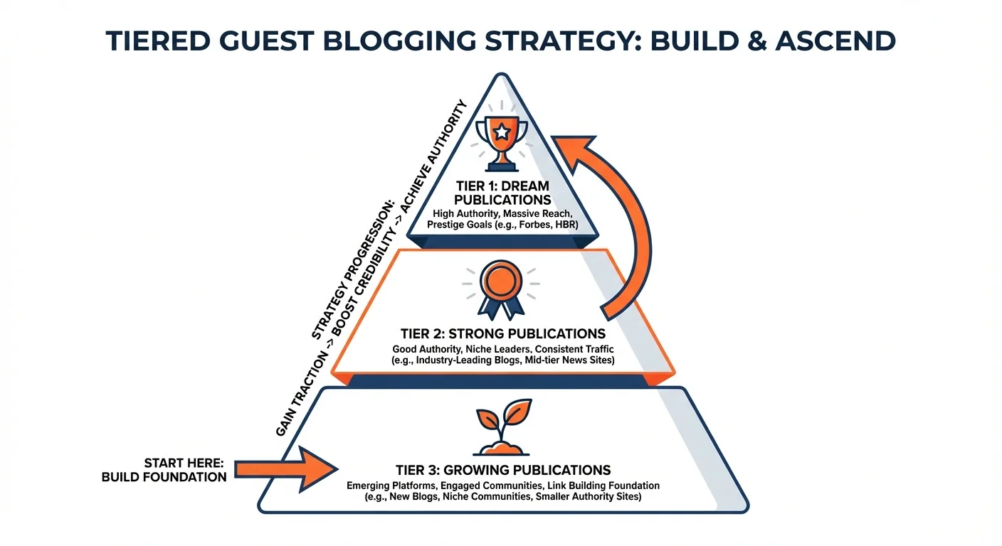 Tiered guest blogging targets: Tier 1 (Dream publications), Tier 2 (Strong publications), Tier 3 (Growing publications) with strategy to start from Tier 3