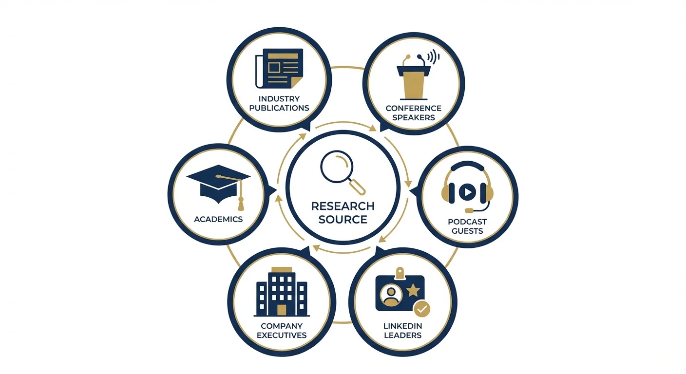 Interview subject sources: Industry Publications, Conference Speakers, Podcast Guests, LinkedIn Leaders, Company Executives, Academics
