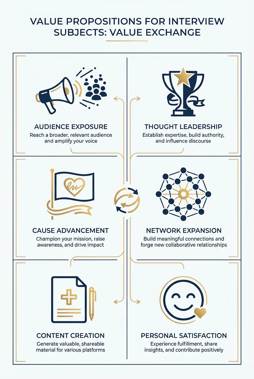 Value propositions for interview subjects: Audience Exposure, Thought Leadership, Cause Advancement, Network Expansion, Content Creation, Personal Satisfaction