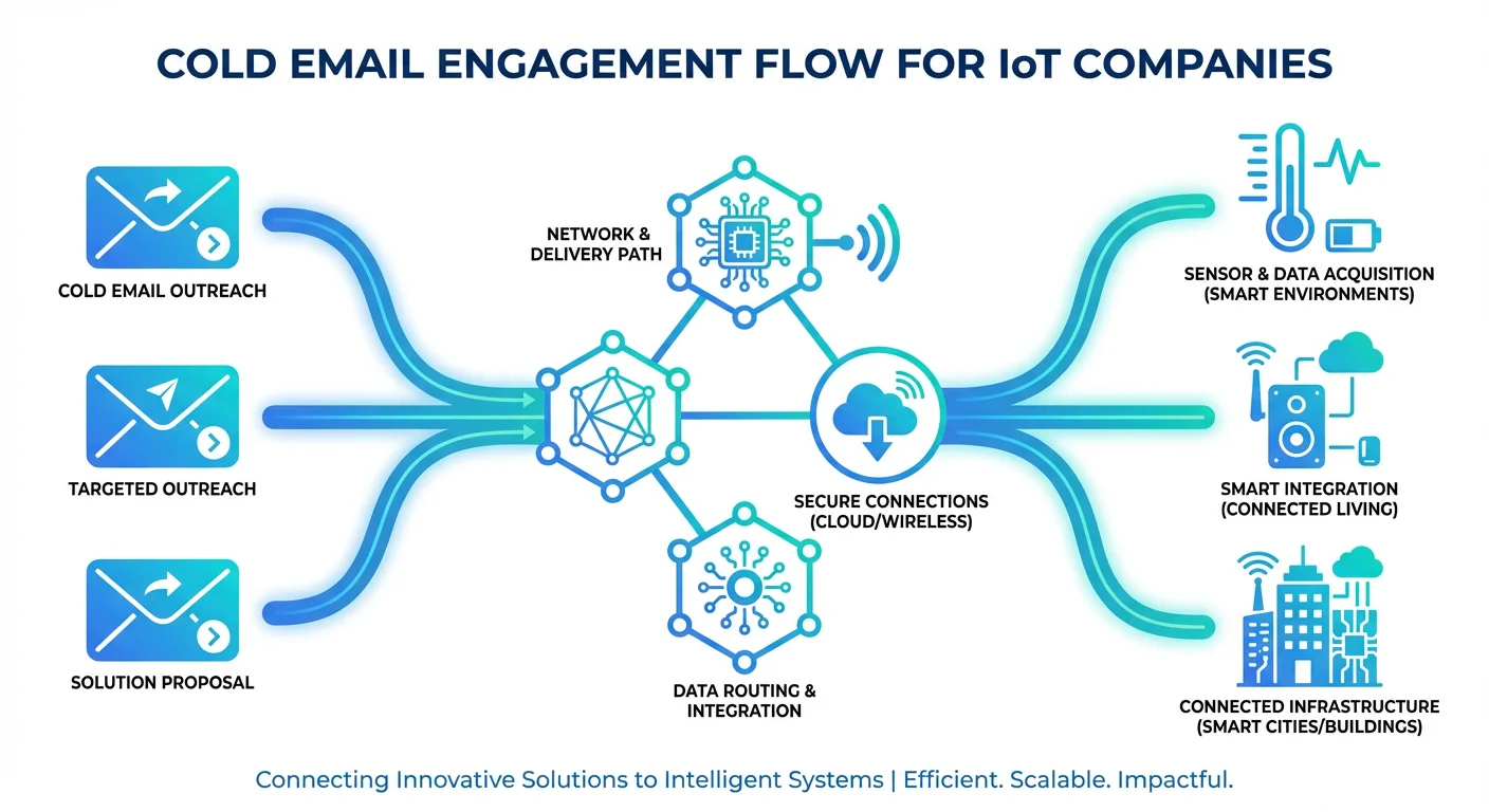 Cold email outreach strategy for IoT companies showing email flow through connected network to device icons