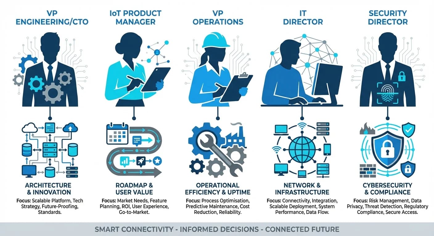 IoT decision maker personas including VP Engineering, IoT Product Manager, VP Operations, IT Director, and Security Director