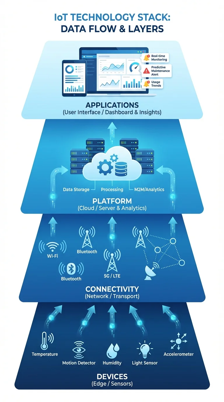 IoT technology stack showing devices, connectivity, platform, and applications layers