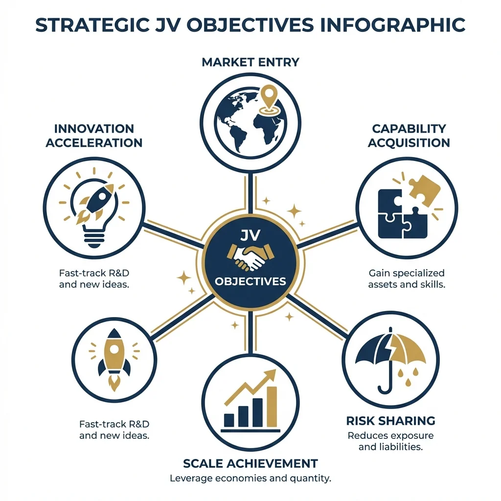JV objectives: Market Entry, Capability Acquisition, Risk Sharing, Scale Achievement, Innovation Acceleration