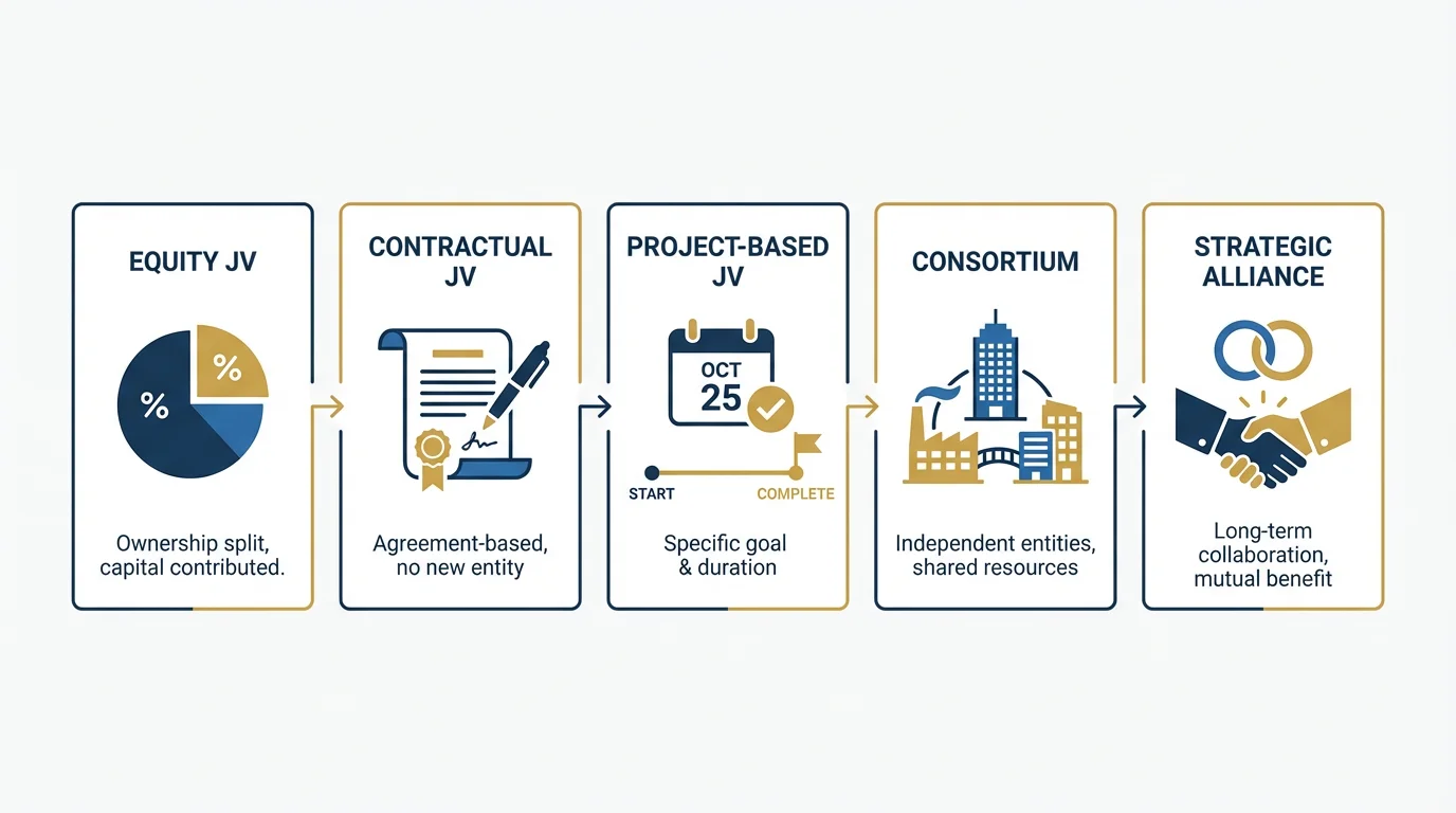 Five types of joint ventures: Equity JV, Contractual JV, Project-Based JV, Consortium, Strategic Alliance