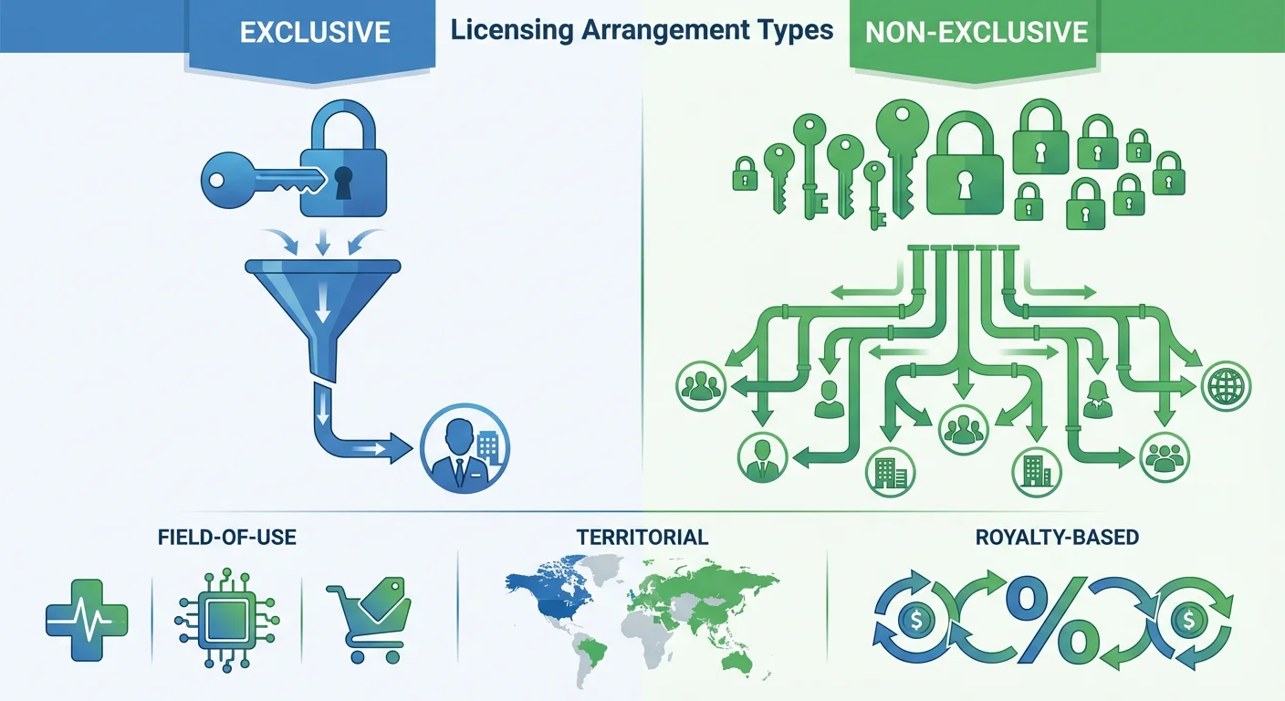 Comparison of licensing arrangement types including exclusive vs non-exclusive and territorial options