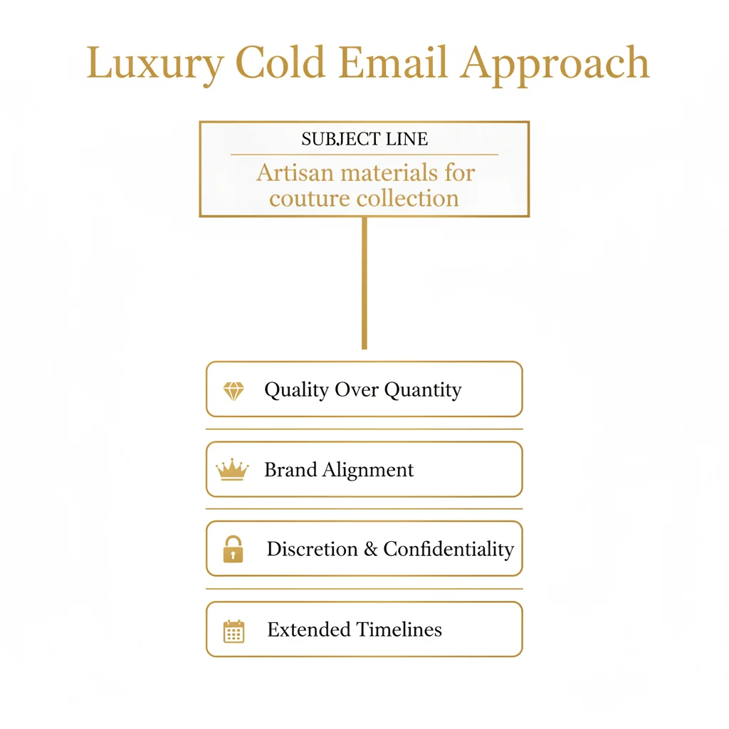 Luxury cold email approach showing key principles: Quality Over Quantity, Brand Alignment, Discretion, and Extended Timelines
