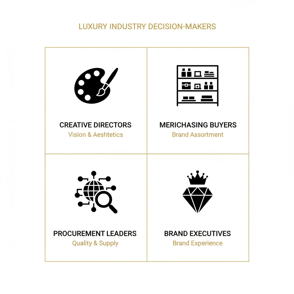 Four key decision-makers in the luxury industry: Creative Directors, Merchandising Buyers, Procurement Leaders, and Brand Executives