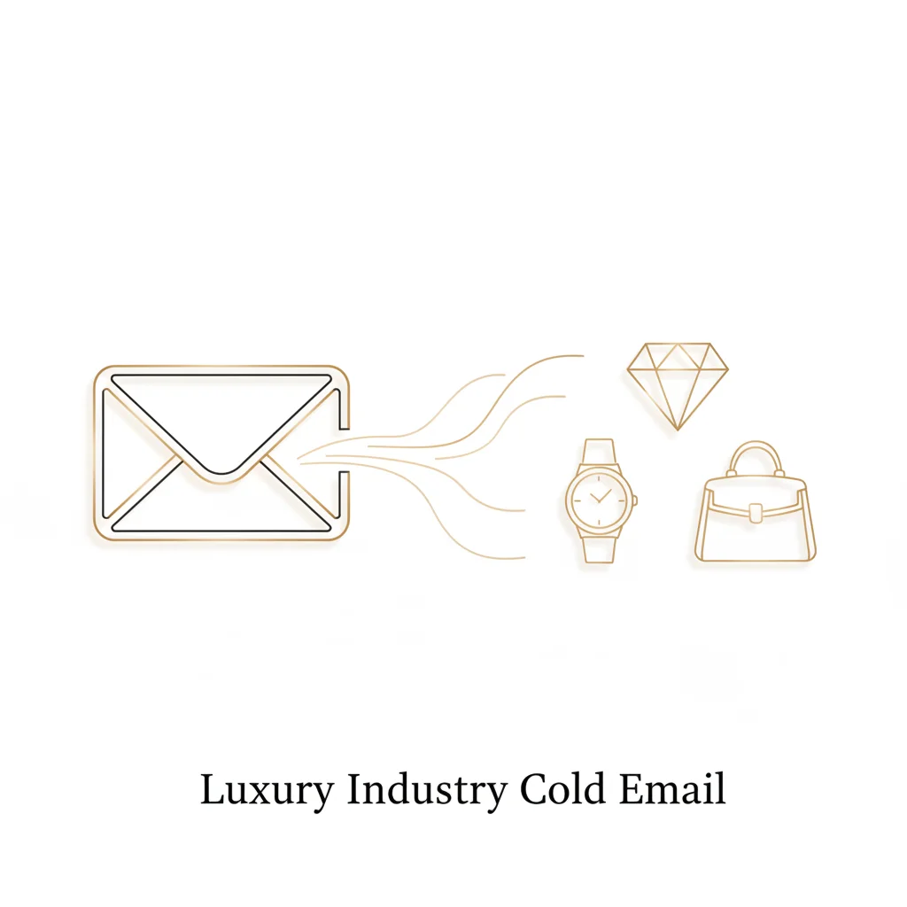 Sophisticated infographic showing cold email outreach strategy for luxury goods industry with diamond, watch, and fashion icons