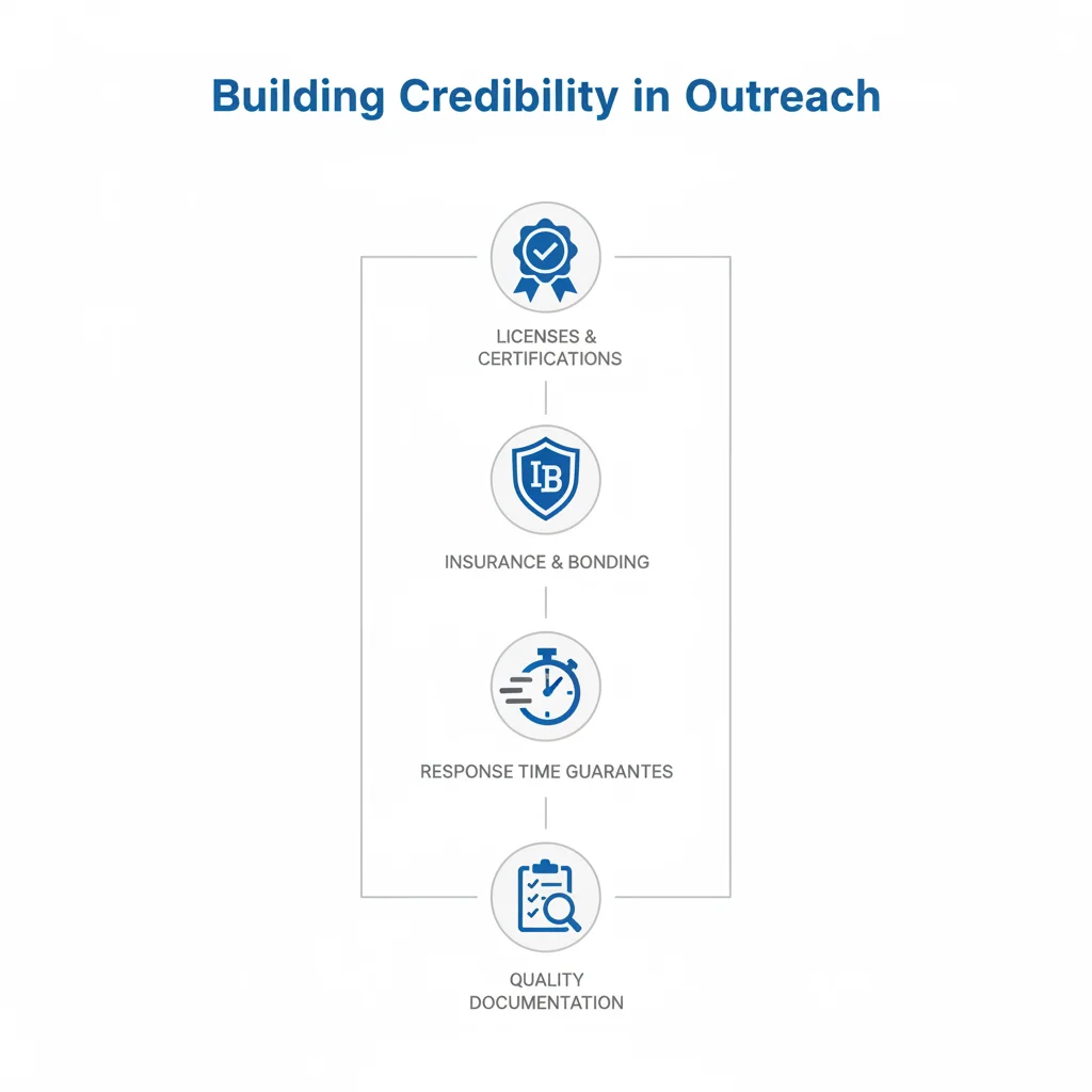Key credibility elements for maintenance services: Licenses, Insurance, Response Times, and Documentation