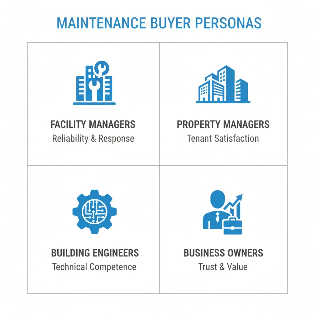 Four key buyer personas for maintenance services: Facility Managers, Property Managers, Building Engineers, and Business Owners