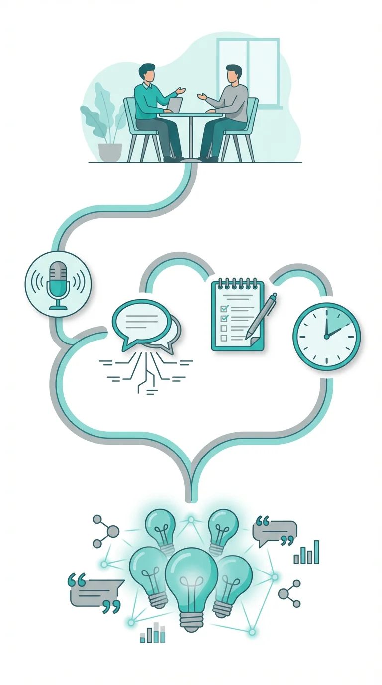 Research interview best practices showing conversation flow, recording, and note-taking